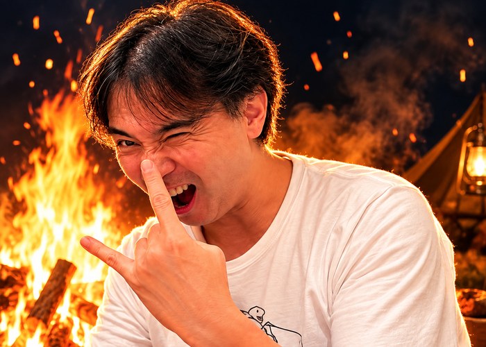 焚き火を背にロックポーズをするたかちゃんの写真